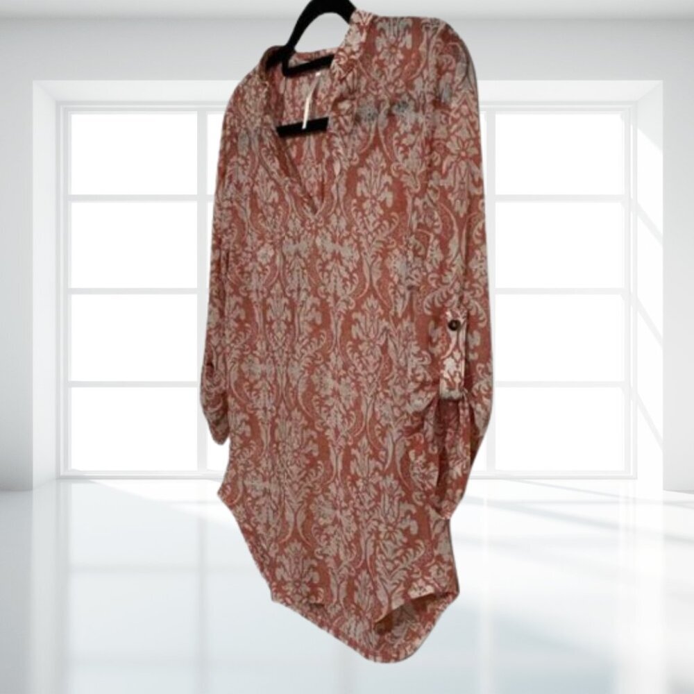 DNA Couture Pattern V-Neck Blouse Small S Sheer Rust Floral Button Tab Sleeve - Picture 5 of 11